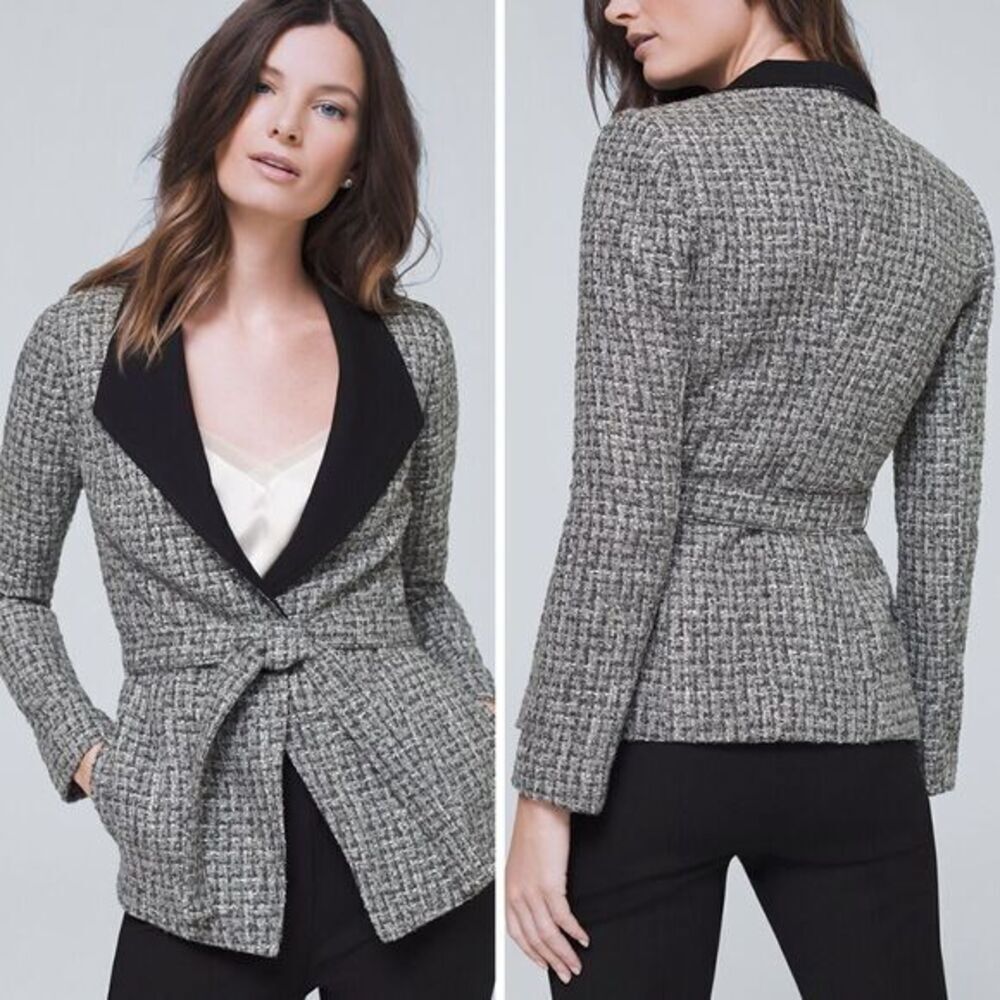 NEW White House Black Market Belted Tweed blazer Jacket With Removable B…